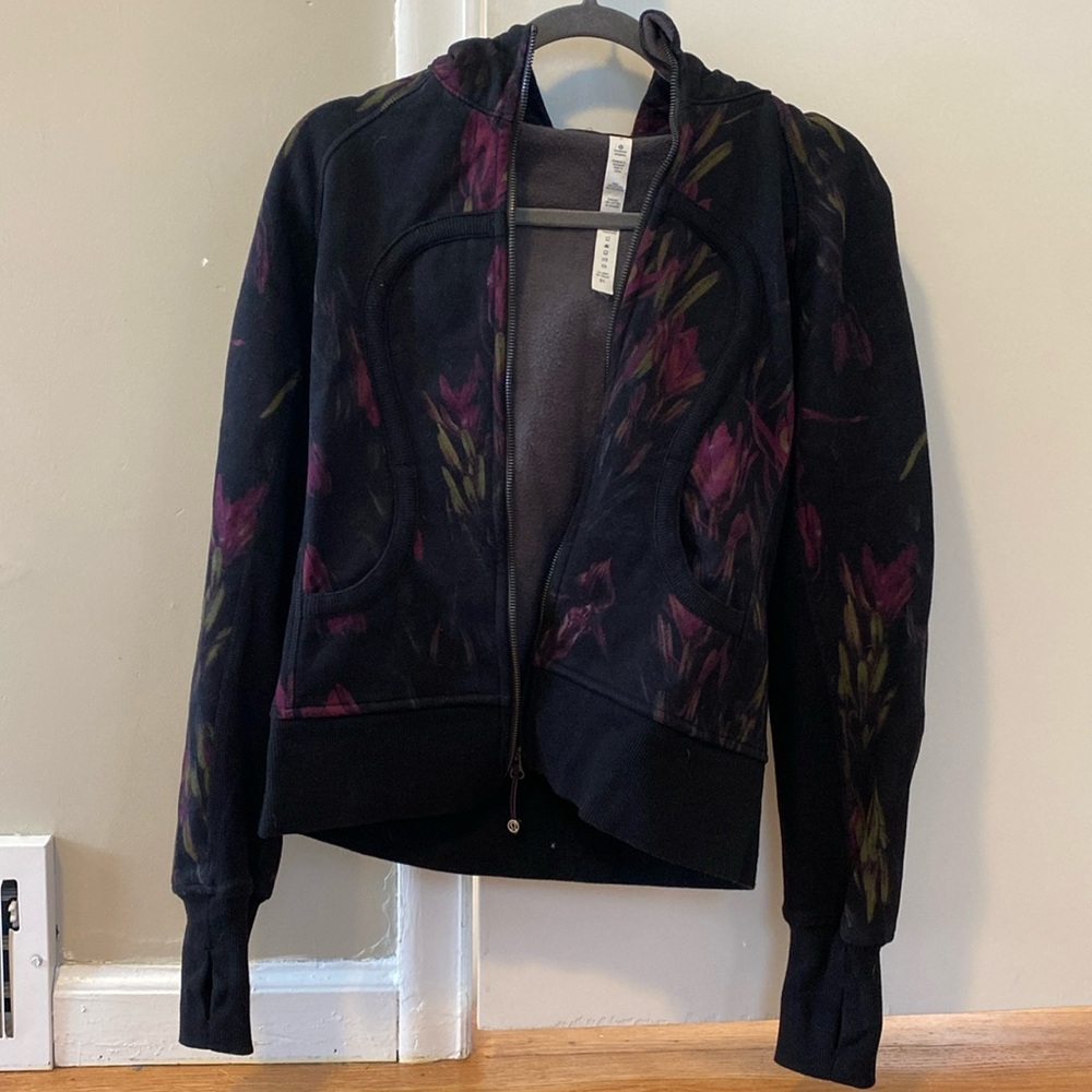 Lululemon Size 6 Black Hoodie with Pink and Green Painted Floral Detail